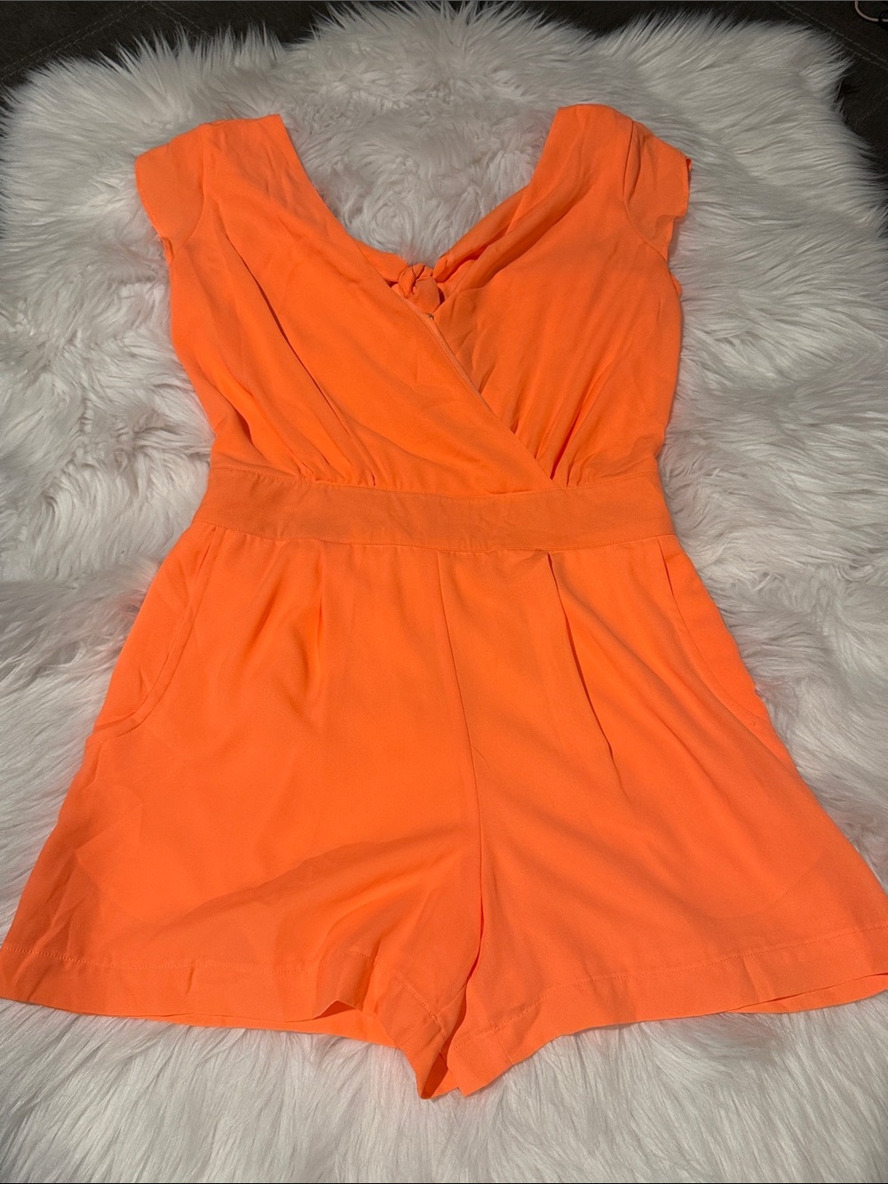 GB ladies Neon Orange Cap-Sleeve Romper with Pockets